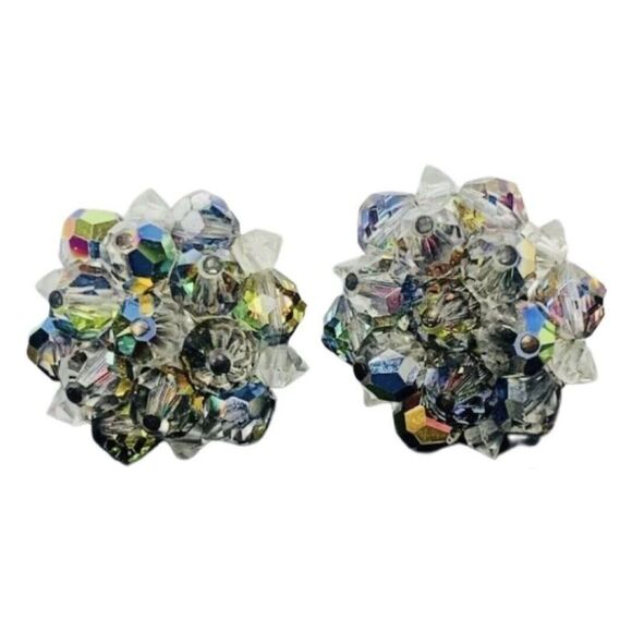 Womens Sparkly Aurora Borealis Crystal Flower Vintage Button Clip On Earrings - Picture 4 of 9